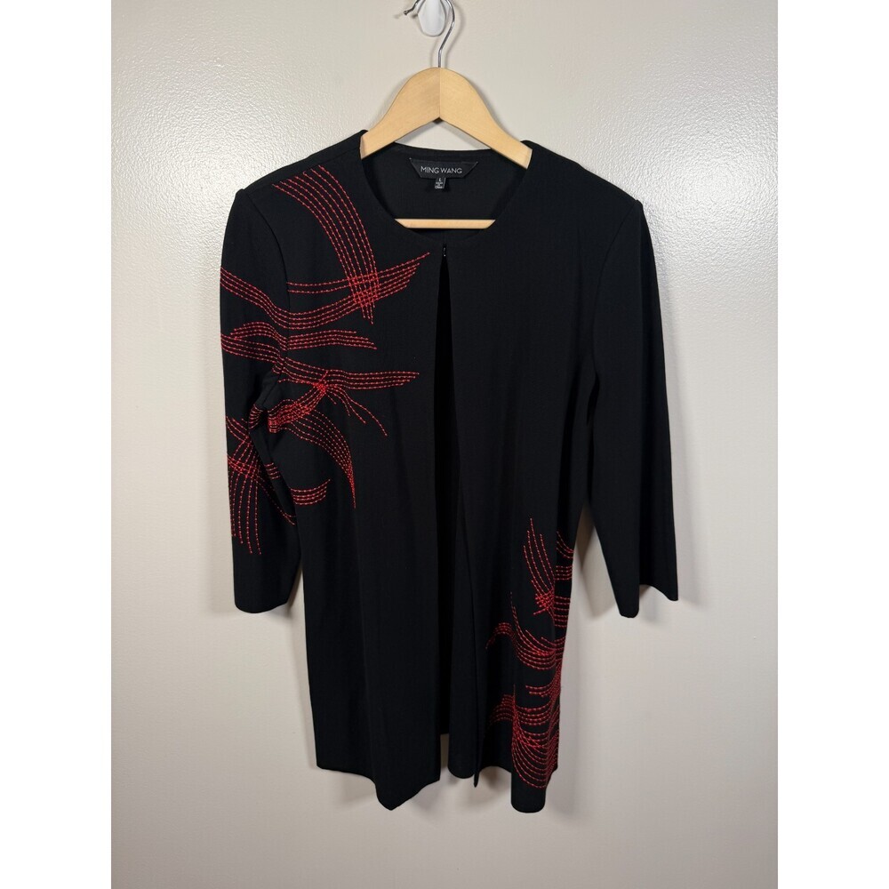 Ming Wang Cardigan Sweater Size Large Black Red Artsy Art to Wear Stretch Knit
